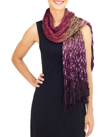 Fabulous Orchid Hand Crafted Red-Purple Crinkled Scarf with Tie-Dye Patterns