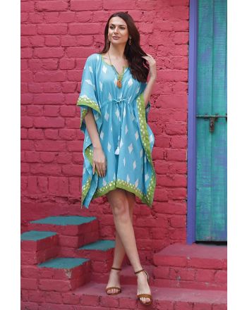 Diamonds Are Forever Screen Printed Turquoise Cotton Caftan from India