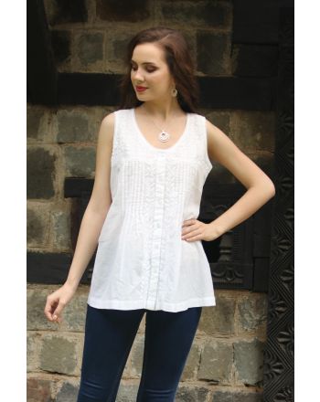 Floral Flirt Sleeveless Floral White Blouse Hand Embroidered in India