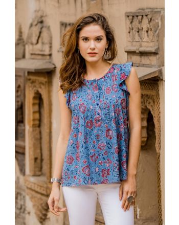 Garden Bliss Floral Printed Cotton Blouse in Cerulean from India