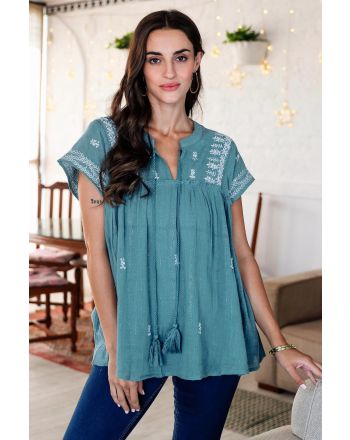 Casual Charm Hand Embroidered Teal Cotton Blouse