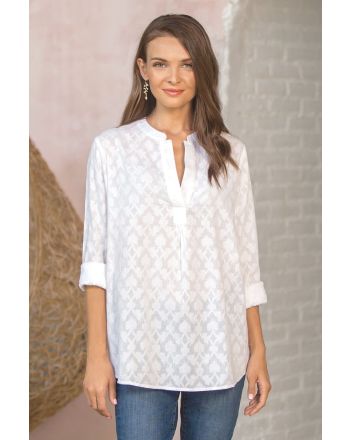 Brocade Shadow 100% Cotton Long-Sleeved White Tunic