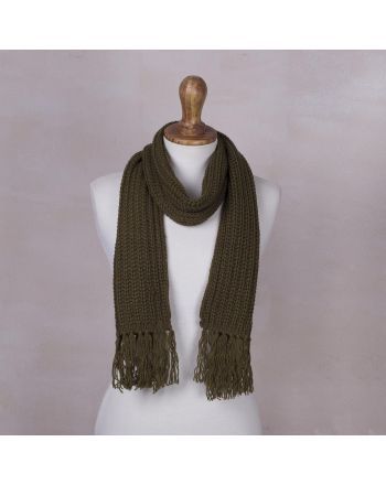 Olive Green Andean Textures Unisex Rib Knit Acrylic Scarf in Olive Green from Peru